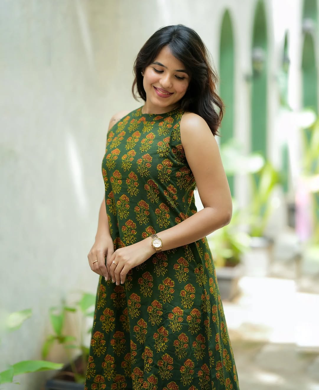 Forest Green Floral Print Sleeveless Kurta & Palazzo Co-ord Set