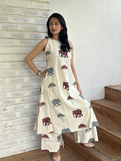 Women's Off-White Elephant Print Sleeveless A-Line Kurta with Palazzo Set