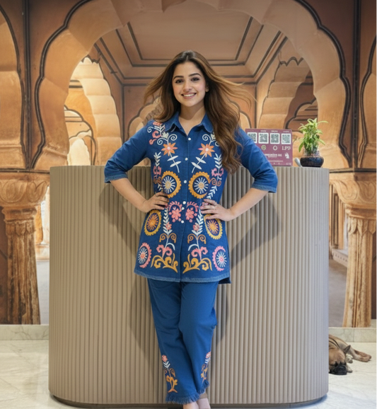 Chic Blue Embroidered Cord Set – Modern Ethnic Style