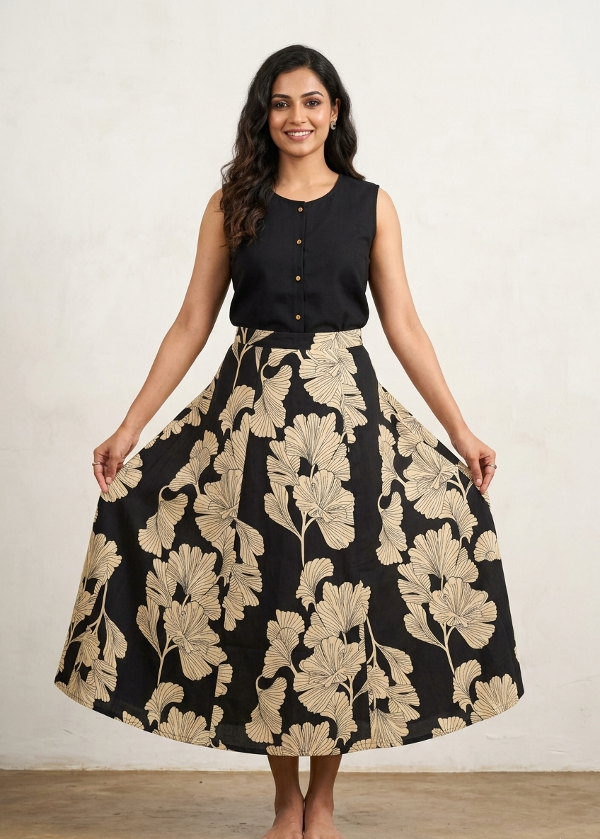 Elegant Black Sleeveless Kurta and Skirt Set with Ginkgo Leaf Print