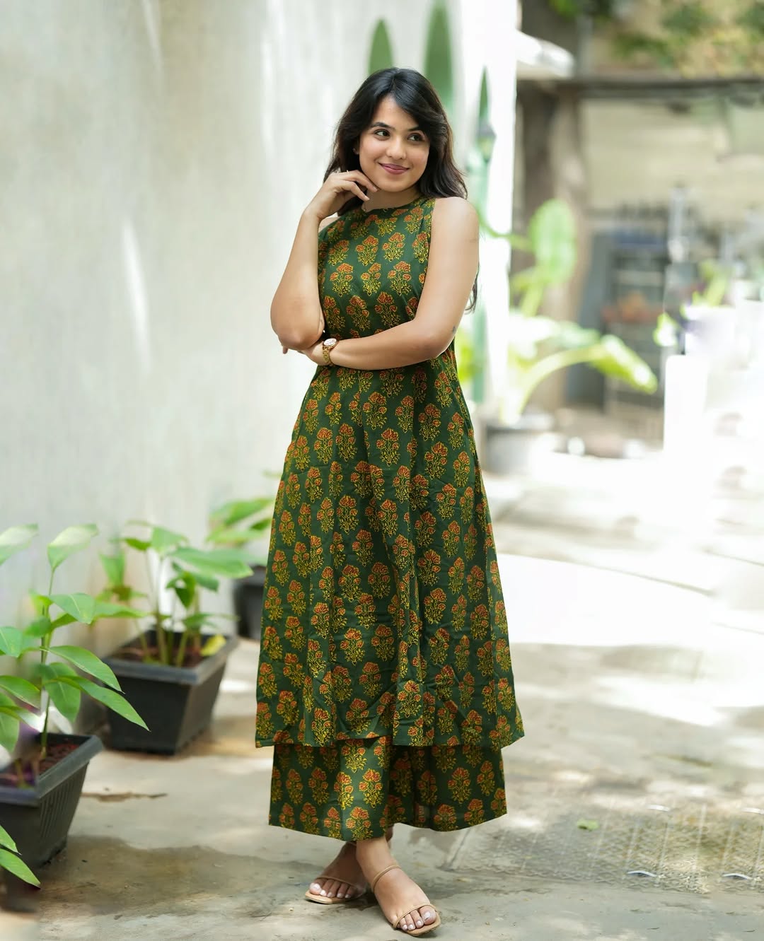 Forest Green Floral Print Sleeveless Kurta & Palazzo Co-ord Set