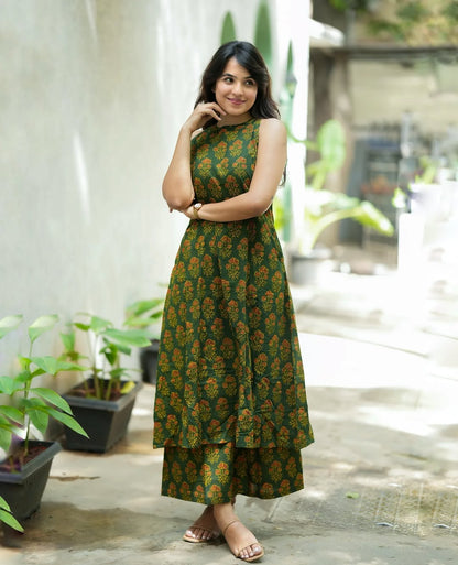 Forest Green Floral Print Sleeveless Kurta & Palazzo Co-ord Set