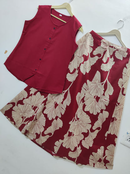 Elegance in Print: Maroon Gingko Leaf Midi Dress