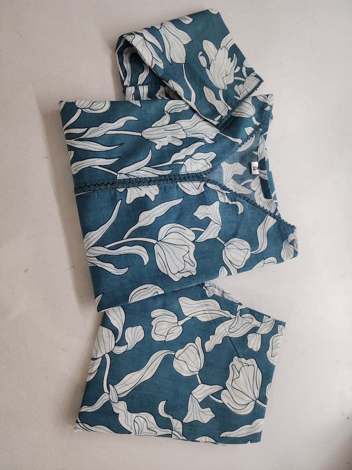 Women's Petrol Blue Floral Vine Print Kurta Pant Set with Lace Detail