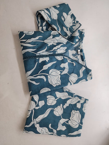 Women's Petrol Blue Floral Vine Print Kurta Pant Set with Lace Detail