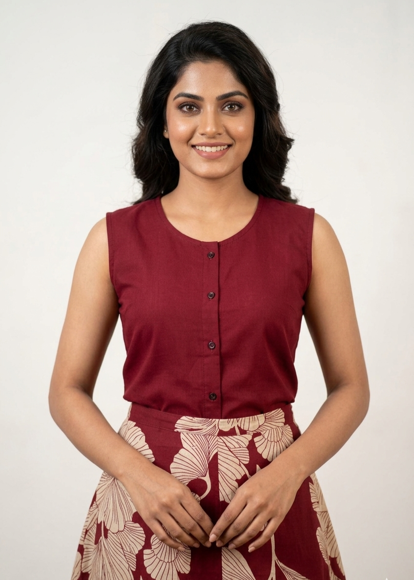 Elegance in Print: Maroon Gingko Leaf Midi Dress