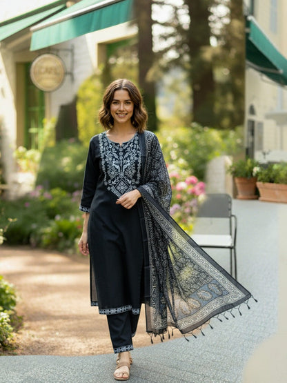 Elegant Black Embroidered Kurta Set with Printed Border Dupatta | Premium Festive & Casual Wear