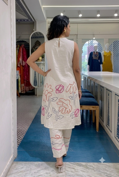 Elegant Hand-Embroidered Co-Ord Set | Sleeveless White Kurta & Trouser Duo