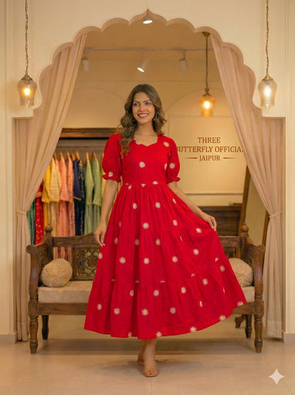 Red Daisy Embroidered Cotton Tiered Midi Dress with Puff Sleeves