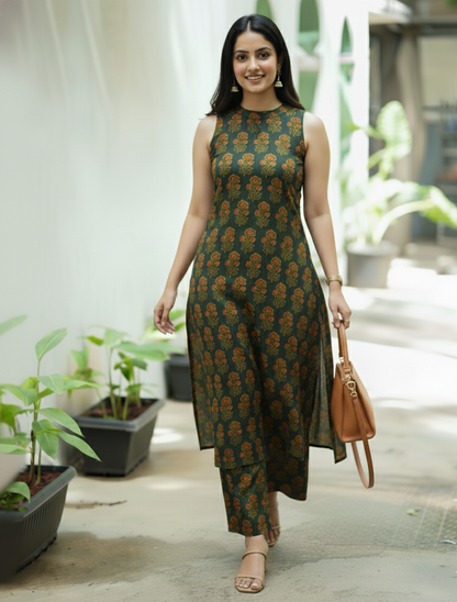 Emerald Bloom Printed Halter Neck Kurti with Palazzos