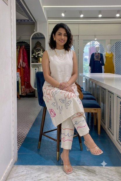 Elegant Hand-Embroidered Co-Ord Set | Sleeveless White Kurta & Trouser Duo