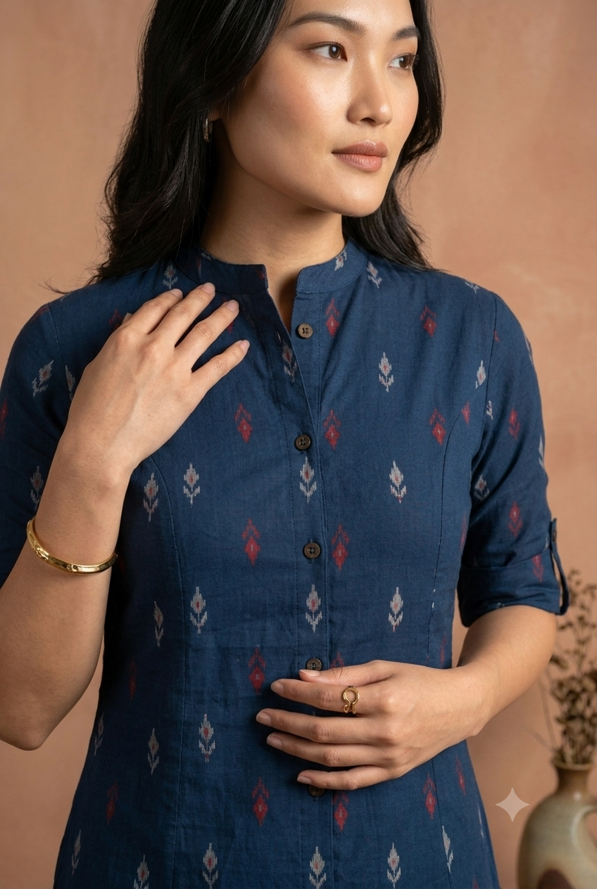 Elegant Indigo Ikat Print Co-Ord Set | Premium Cotton Kurta Tunic & Wide-Leg Pants