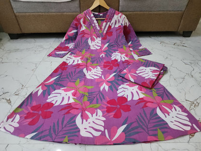 Women's Lavender Tropical Floral Print Cotton Kurta with Pant Set