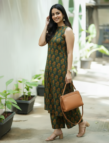 Emerald Bloom Printed Halter Neck Kurti with Palazzos