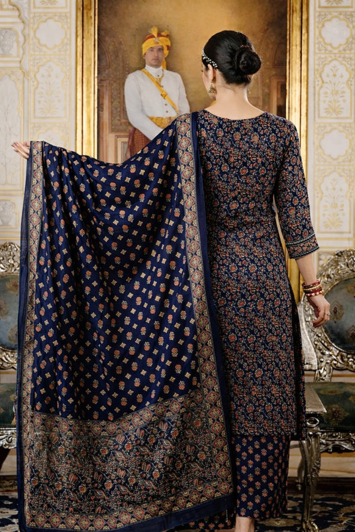 Royal Jaipur Indigo Angrakha Suit Set with Traditional Print & Gold Gota Patti Detailing