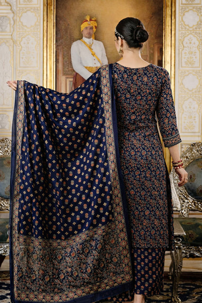 Royal Jaipur Indigo Angrakha Suit Set with Traditional Print & Gold Gota Patti Detailing