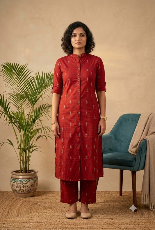 Chic Crimson Ikat Print Co-Ord Set | Premium Cotton Kurta & Straight Pants Trousers