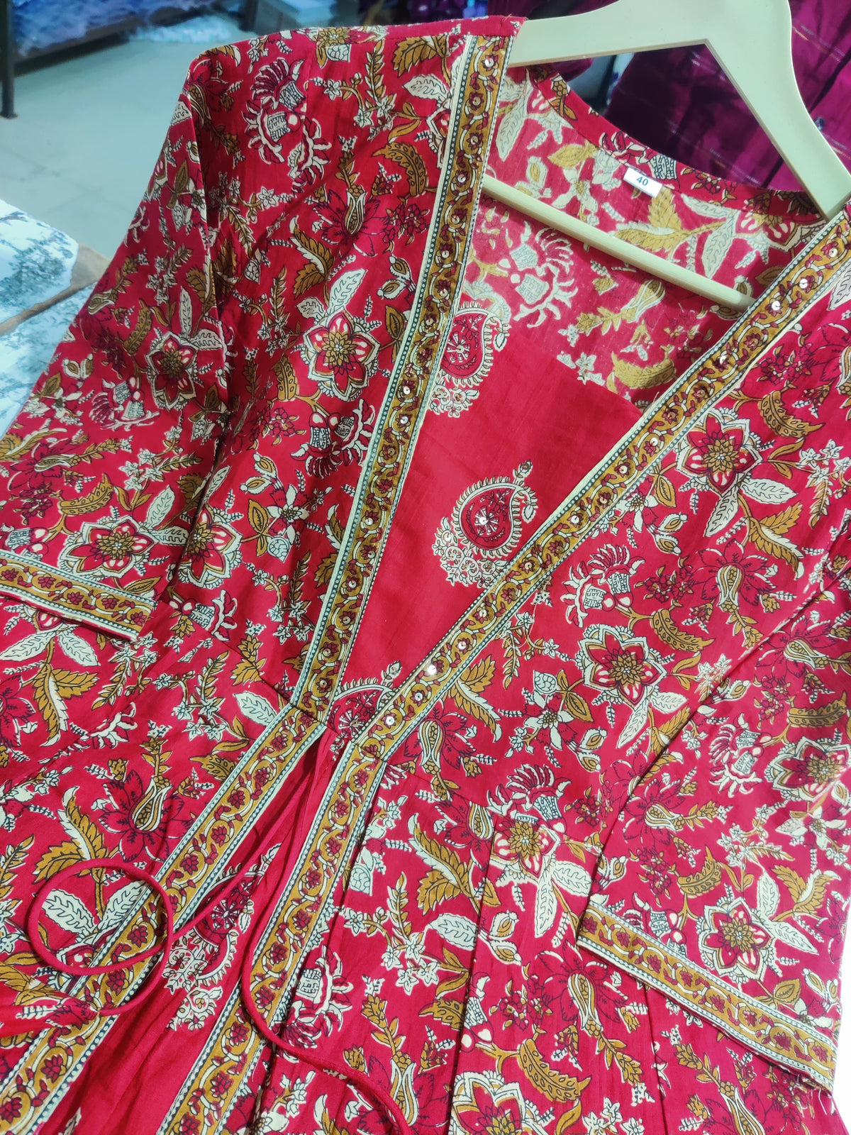Festive Fusion: Red Block Print Anarkali Set with Flared Jacket & Layered Kurta