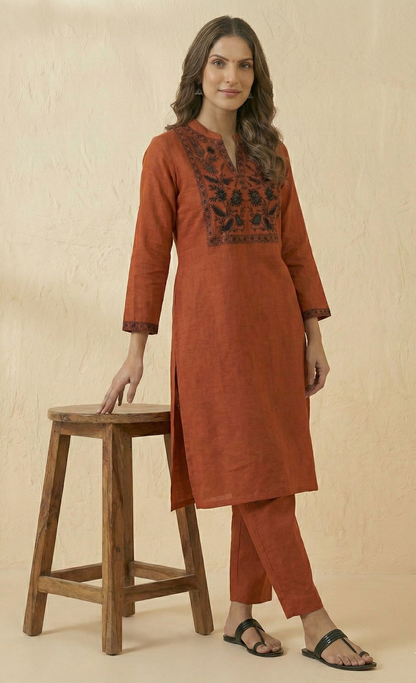 Elegant Terracotta Cotton Kurta Set with intricate Black Embroidery