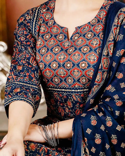 Royal Jaipur Indigo Angrakha Suit Set with Traditional Print & Gold Gota Patti Detailing