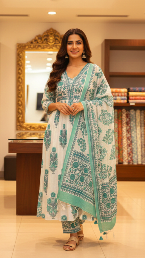 White & Teal Blue Floral Block Print Cotton Anarkali Suit Set with Dupatta