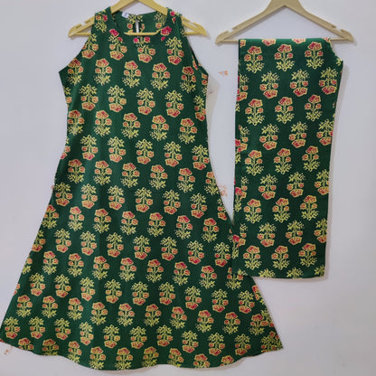 Forest Green Floral Print Sleeveless Kurta & Palazzo Co-ord Set