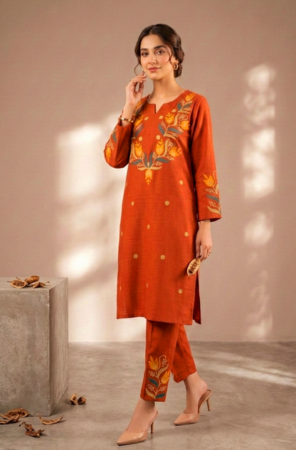 Vibrant Terracotta Tulip Aari Work Kurta & Pant Set