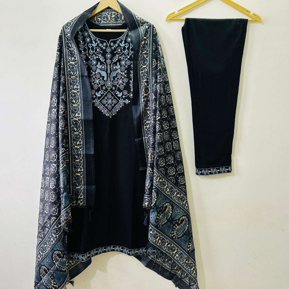Elegant Black Embroidered Kurta Set with Printed Border Dupatta | Premium Festive & Casual Wear