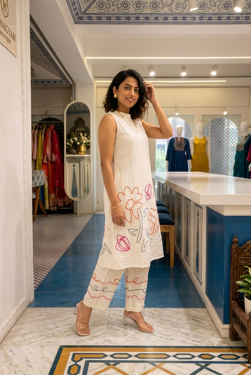 Elegant Hand-Embroidered Co-Ord Set | Sleeveless White Kurta & Trouser Duo