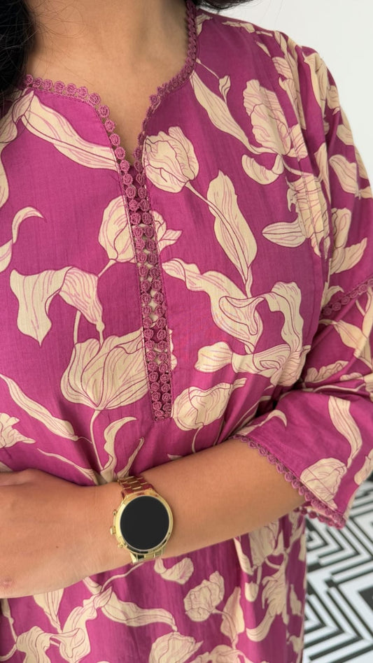 Women's Magenta Purple Floral Vine Print Kurta Pant Set with Lace Detail