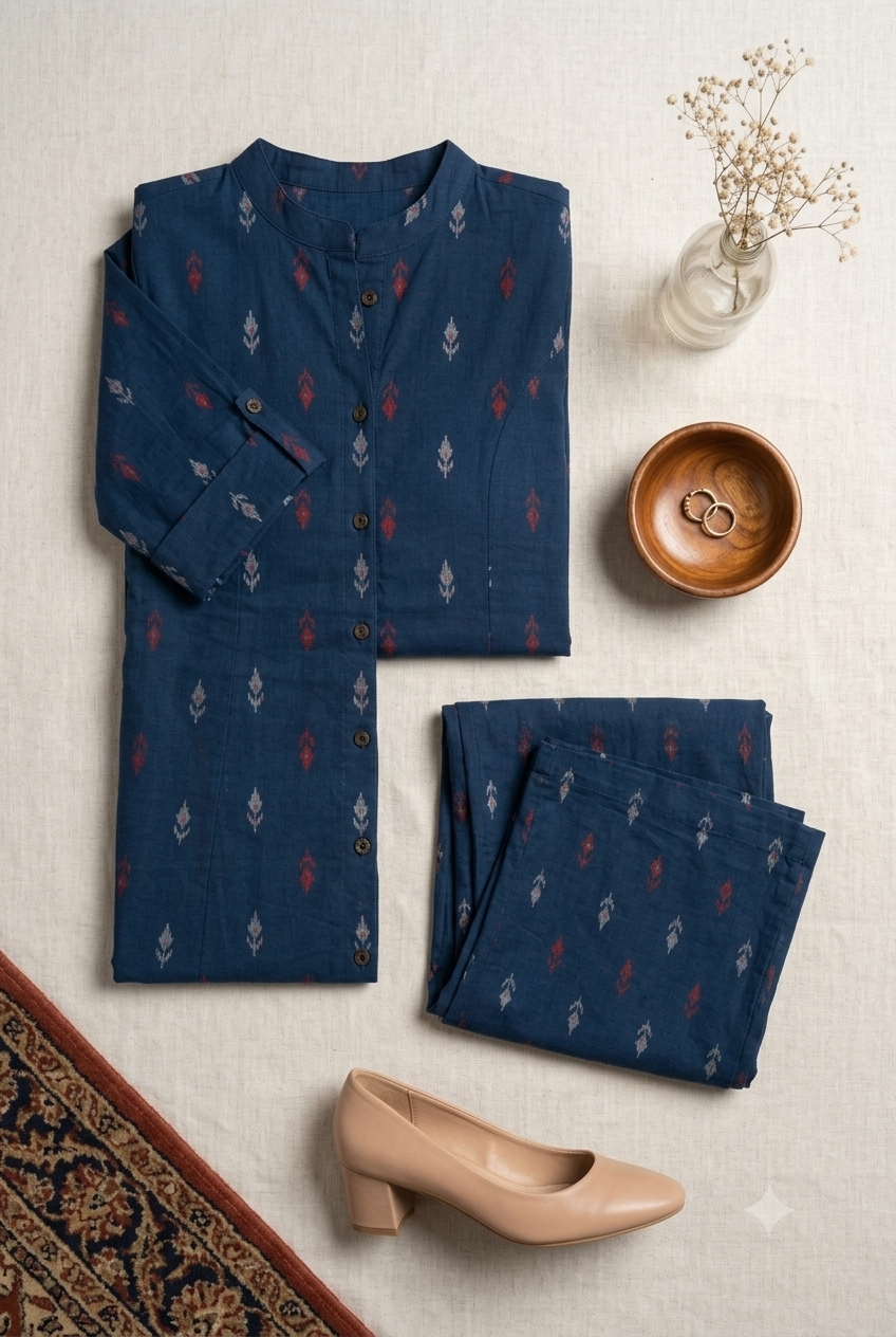 Elegant Indigo Ikat Print Co-Ord Set | Premium Cotton Kurta Tunic & Wide-Leg Pants