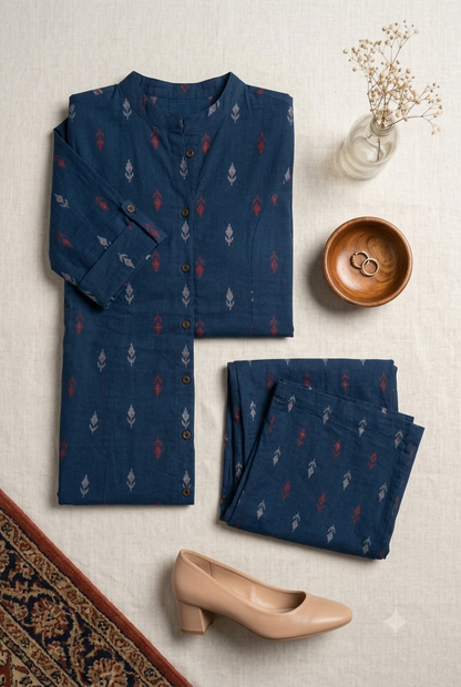Elegant Indigo Ikat Print Co-Ord Set | Premium Cotton Kurta Tunic & Wide-Leg Pants
