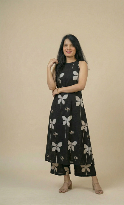 Elegant Black Butterfly Print Sleeveless Kurta and Palazzo Set