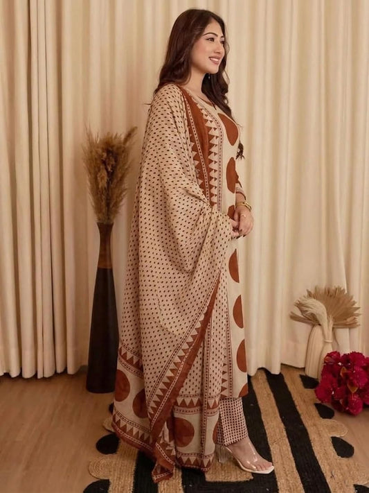 Elegant Beige & Rust Brown Geometric Printed Kurta Set with Dupatta