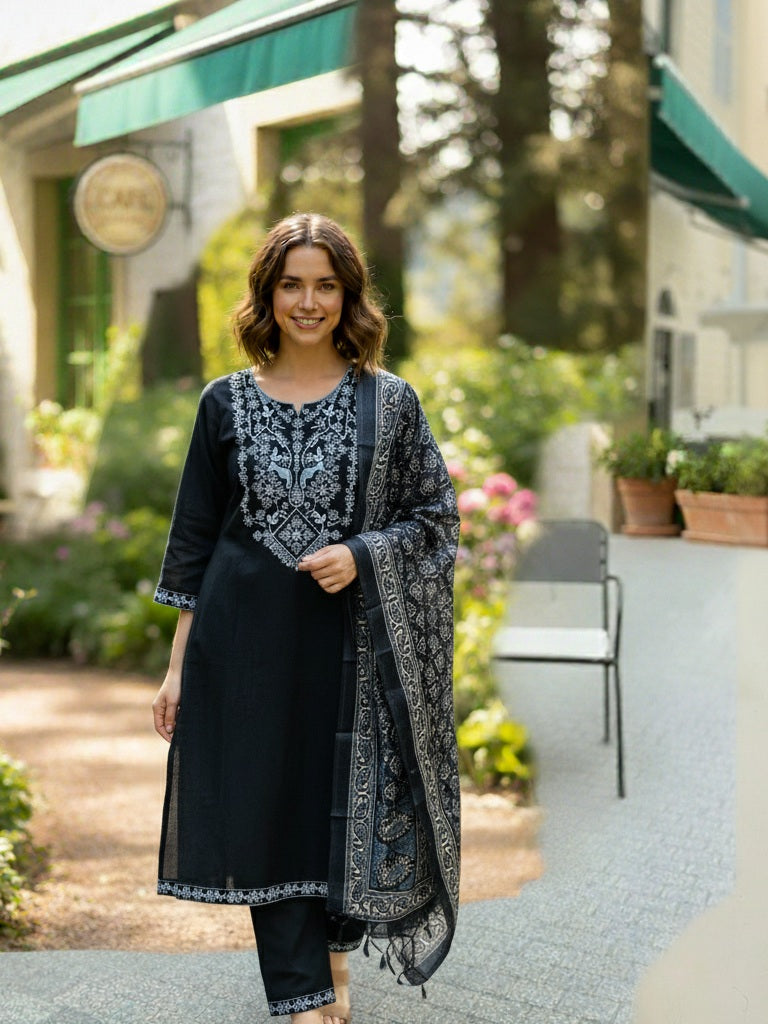 Elegant Black Embroidered Kurta Set with Printed Border Dupatta | Premium Festive & Casual Wear