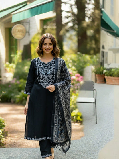 Elegant Black Embroidered Kurta Set with Printed Border Dupatta | Premium Festive & Casual Wear