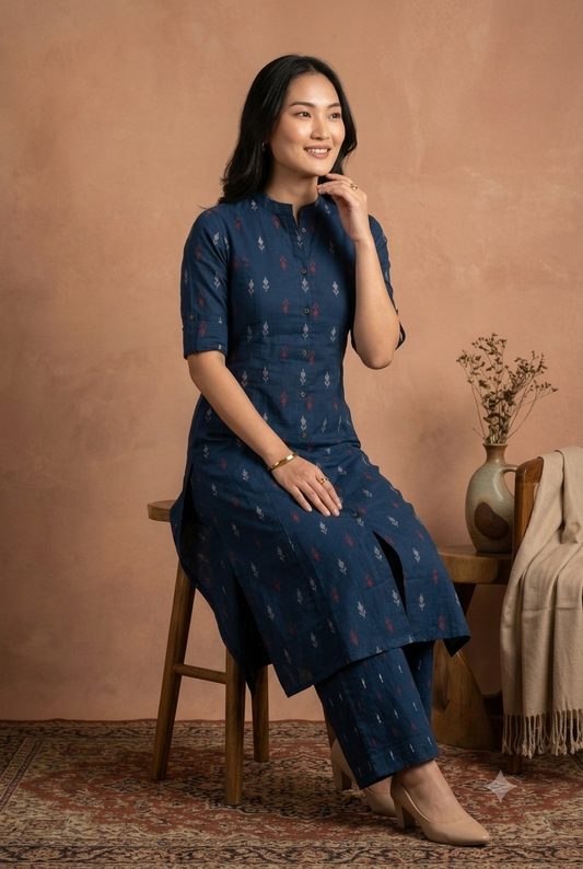 Elegant Indigo Ikat Print Co-Ord Set | Premium Cotton Kurta Tunic & Wide-Leg Pants