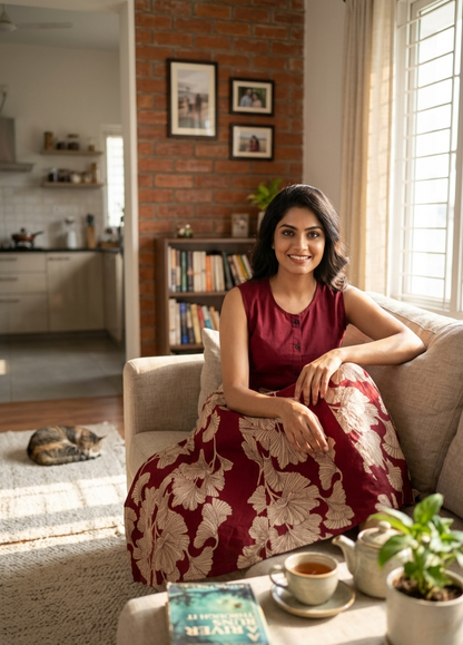 Elegance in Print: Maroon Gingko Leaf Midi Dress
