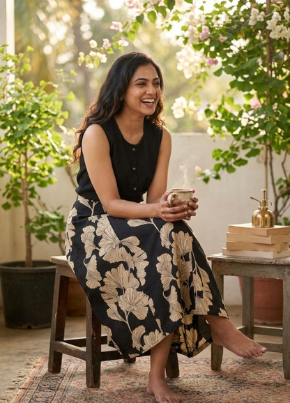 Elegant Black Sleeveless Kurta and Skirt Set with Ginkgo Leaf Print