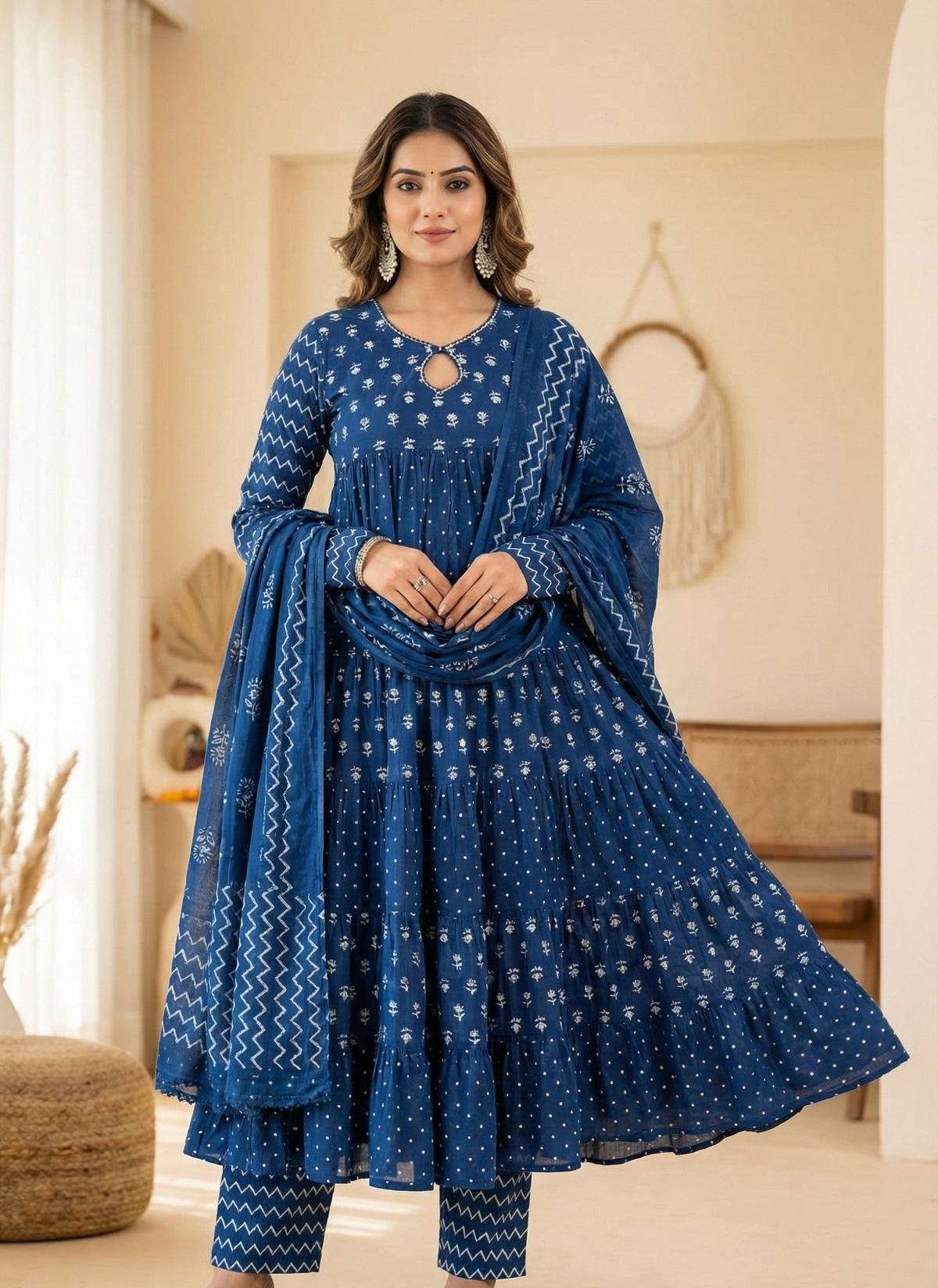 Elevate your everyday ethnic style with this stunning Indigo Blue Tiered Suit Set
