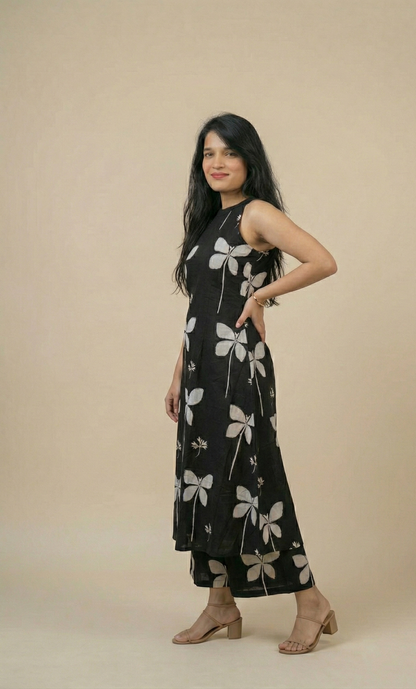 Elegant Black Butterfly Print Sleeveless Kurta and Palazzo Set