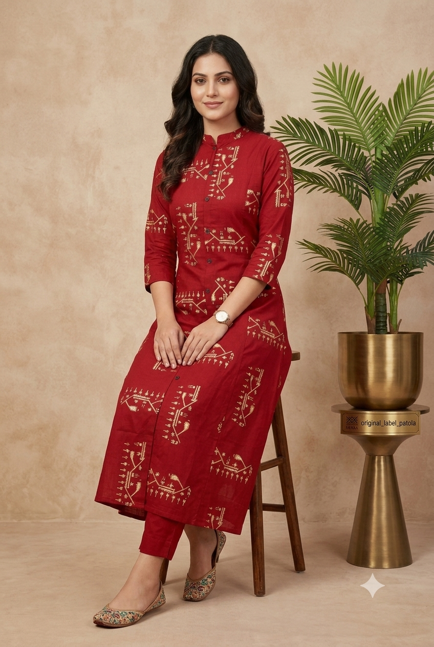 Artisanal Red & Gold Ikat-Inspired Kurta and Pant Set