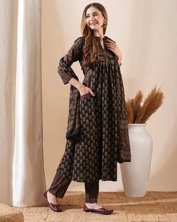 Women's Dark Brown Floral Print Flared Kurta Pant Set with Dupatta
