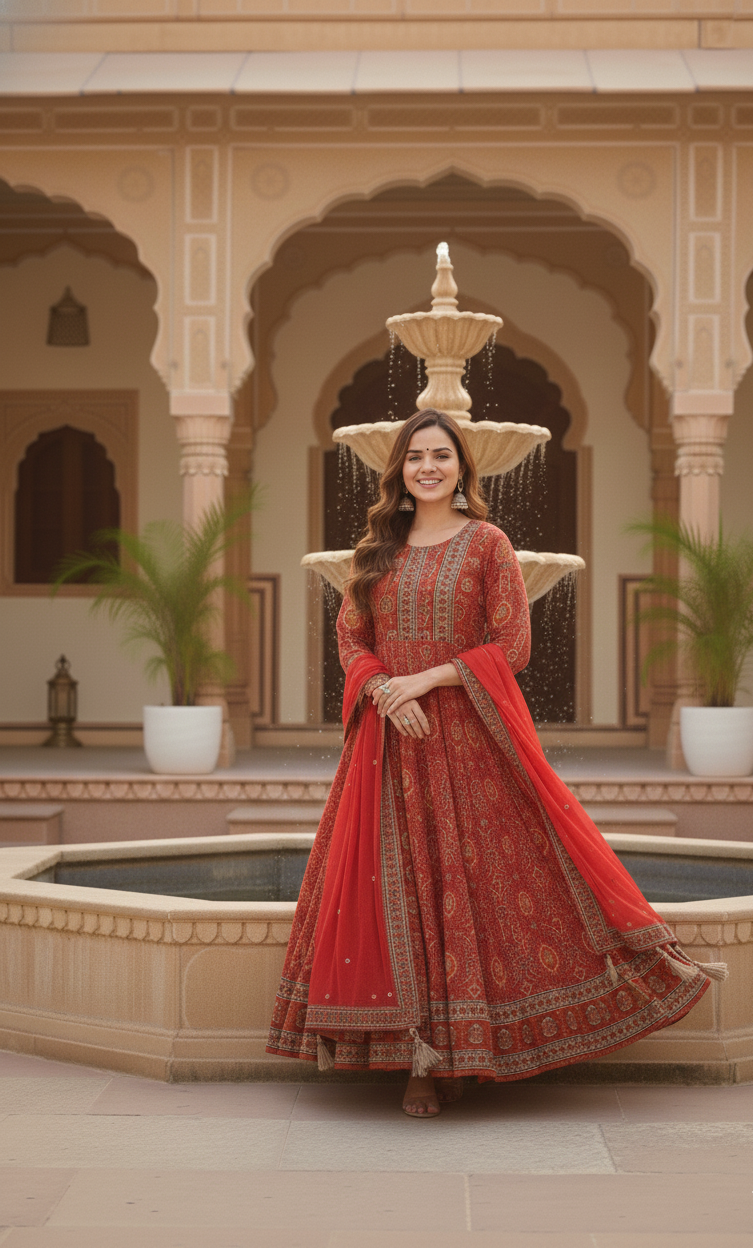 Majestic Red Printed Anarkali Suit Set with Dupatta