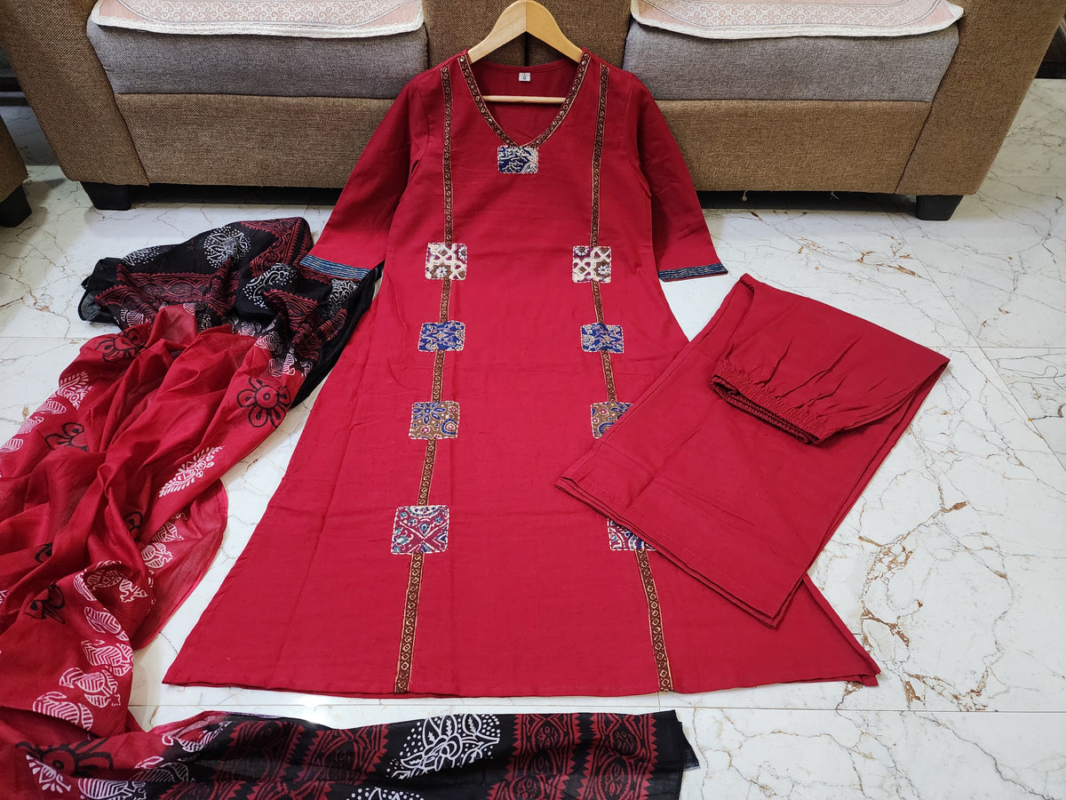 Classic Red Kurta Set with Artistic Patch Detailing & Dupatta