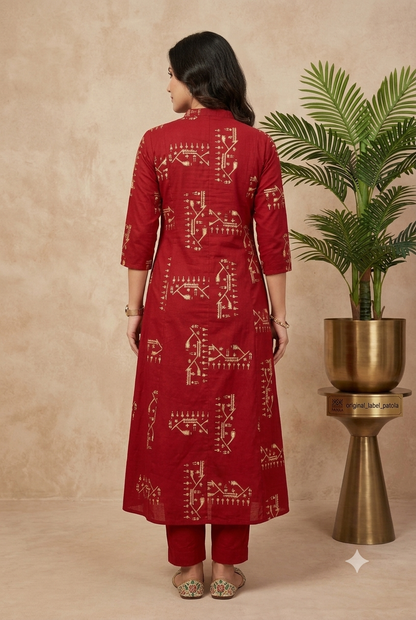 Artisanal Red & Gold Ikat-Inspired Kurta and Pant Set