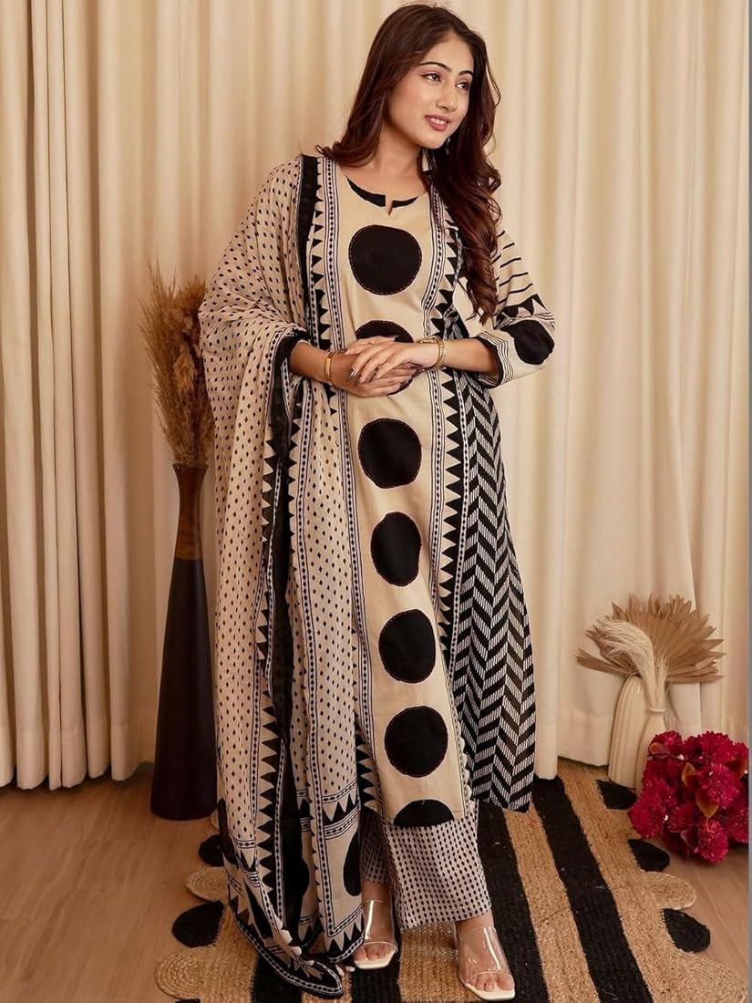 Elegant Beige & Black Geometric Printed Kurta Set with Dupatta