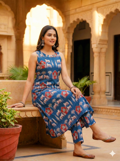 Women's Navy Blue Sleeveless Ethnic Elephant Print Kurta with Pant Set