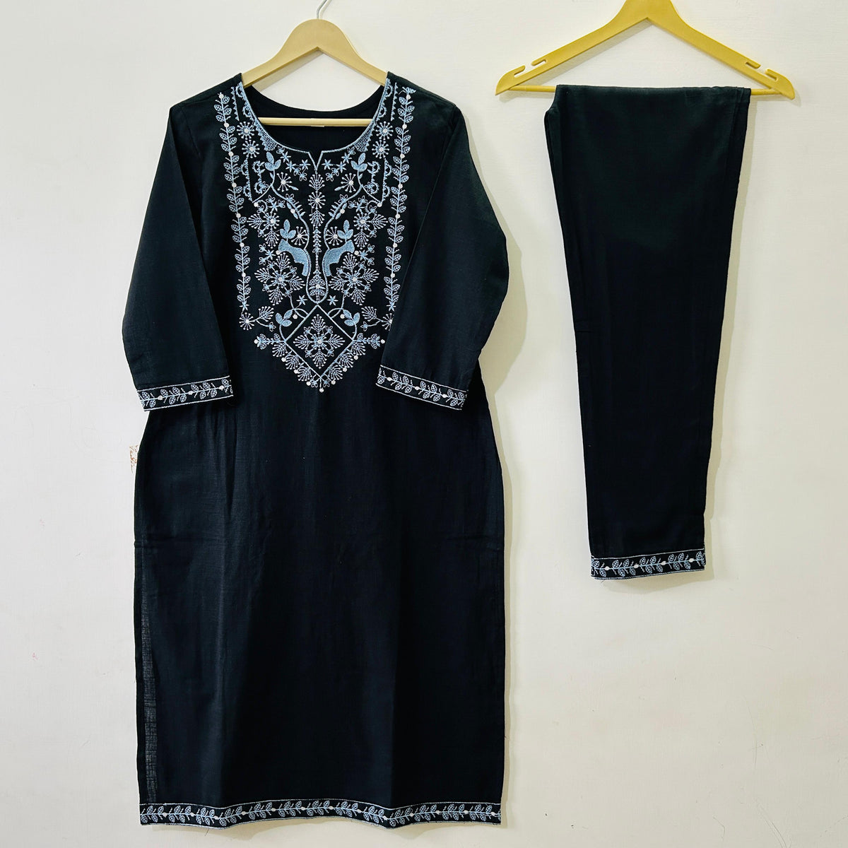 Elegant Black Embroidered Kurta Set with Printed Border Dupatta | Premium Festive & Casual Wear