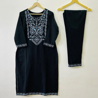 Elegant Black Embroidered Kurta Set with Printed Border Dupatta | Premium Festive & Casual Wear